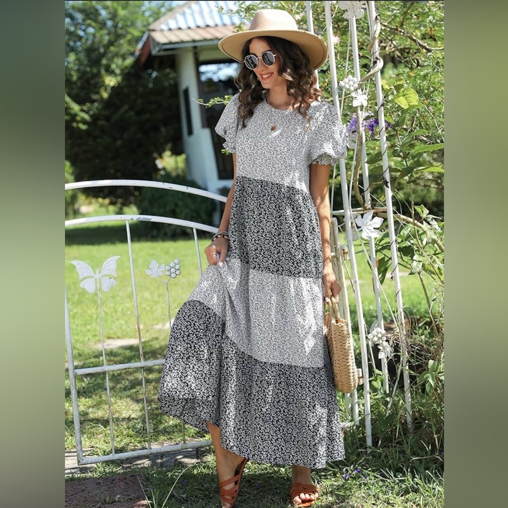 SHEIN Navy and White Tiered Maxi Dress with Puff Sleeves